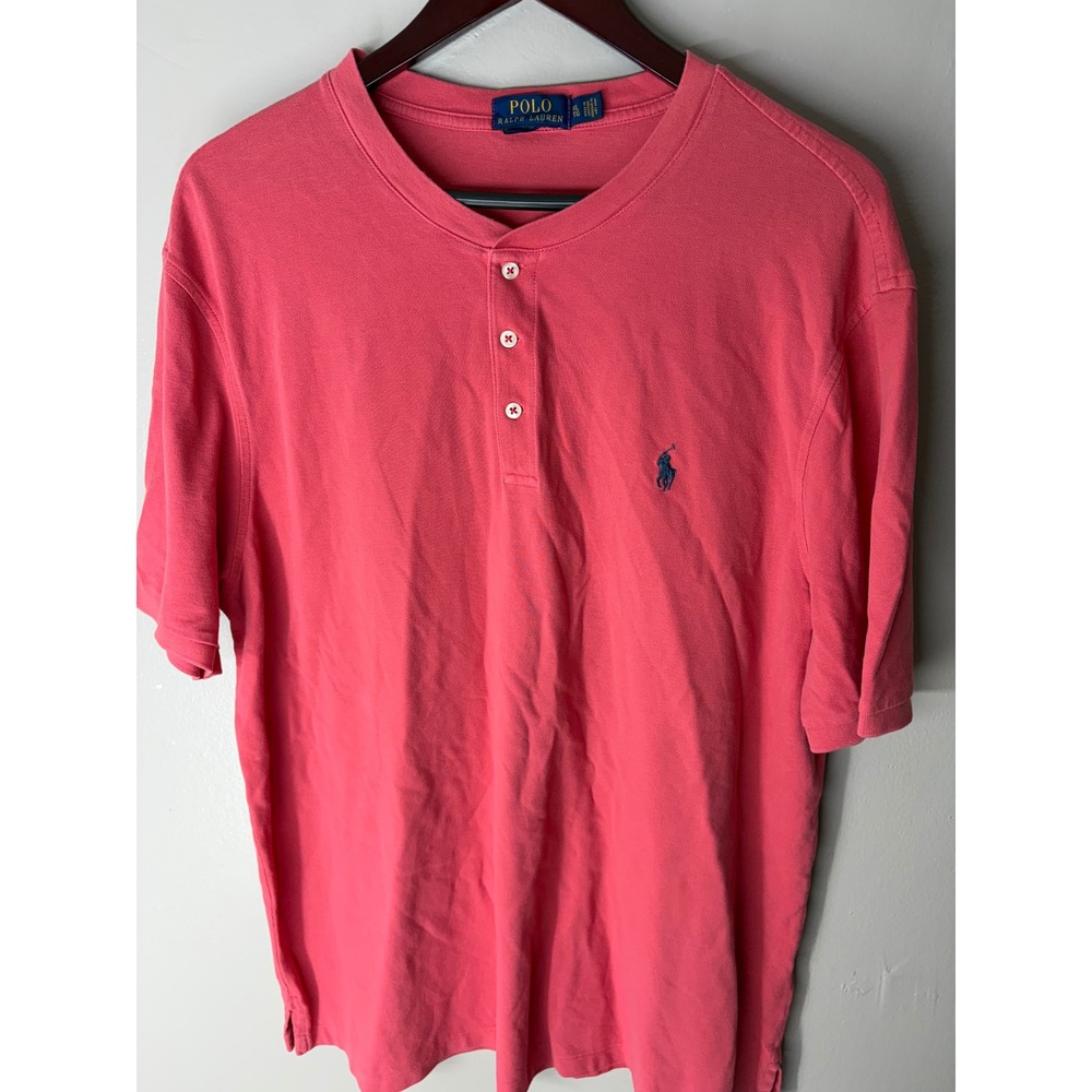 Polo Ralph Lauren Mens XL Pink Short Sleeve Cotton Pique Henley Shirt Navy Pony
